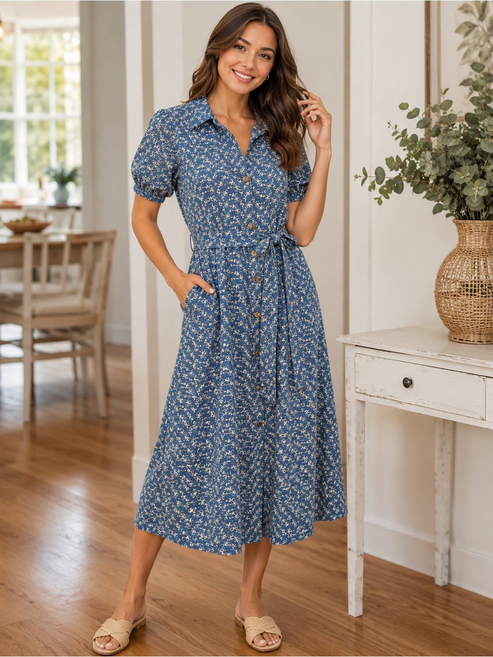 NWT Blue Floral Button-Front Shirt Dress with Tie Waist